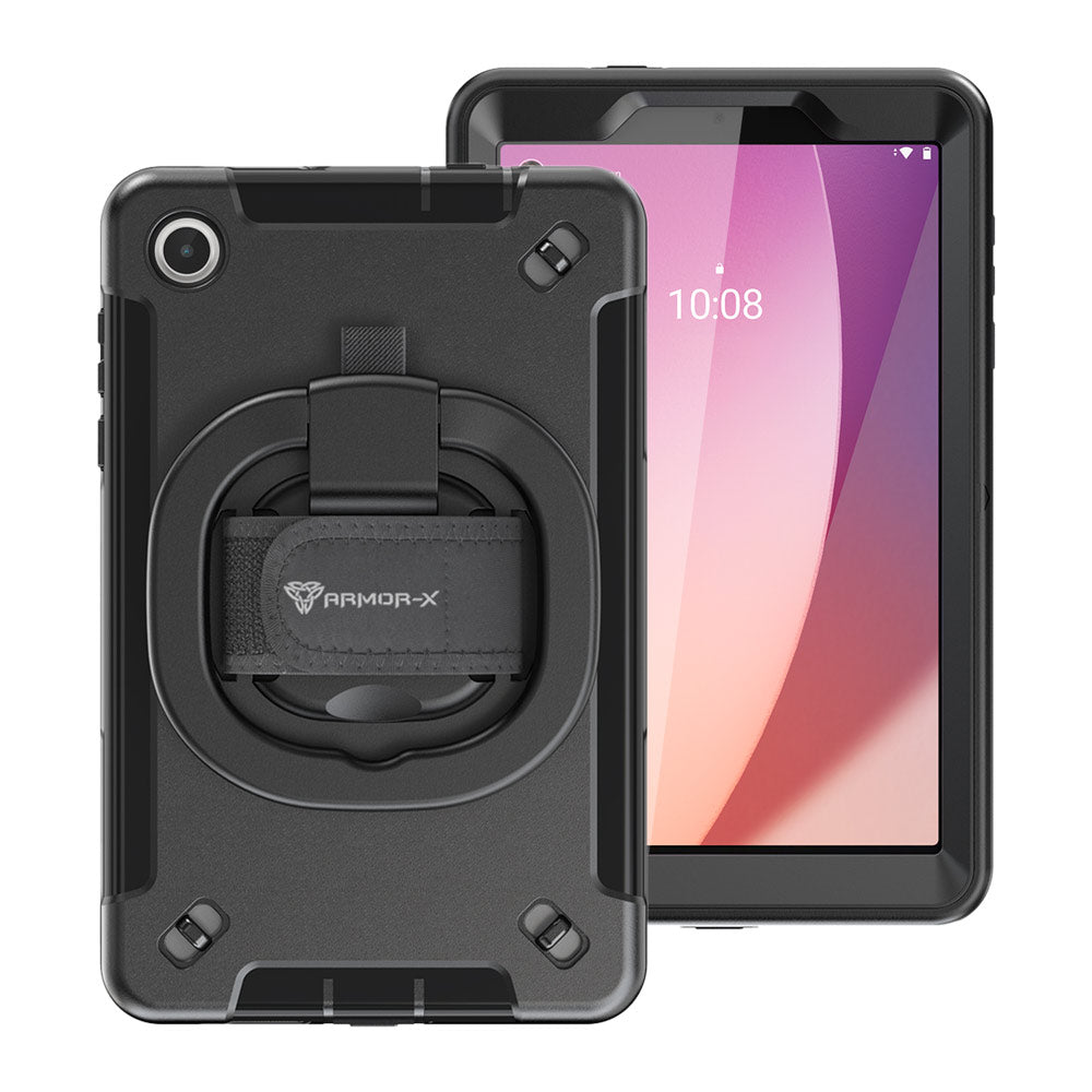 ARMOR-X Lenovo Tab M8 (4th Gen) TB300 shockproof case, impact protection cover with hand strap and kick stand & folding grip. One-handed design for your workplace.