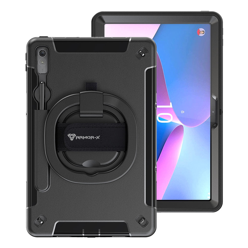 ARMOR-X Lenovo Tab P11 Pro Gen 2 TB132FU shockproof case, impact protection cover with hand strap and kick stand & folding grip. One-handed design for your workplace.