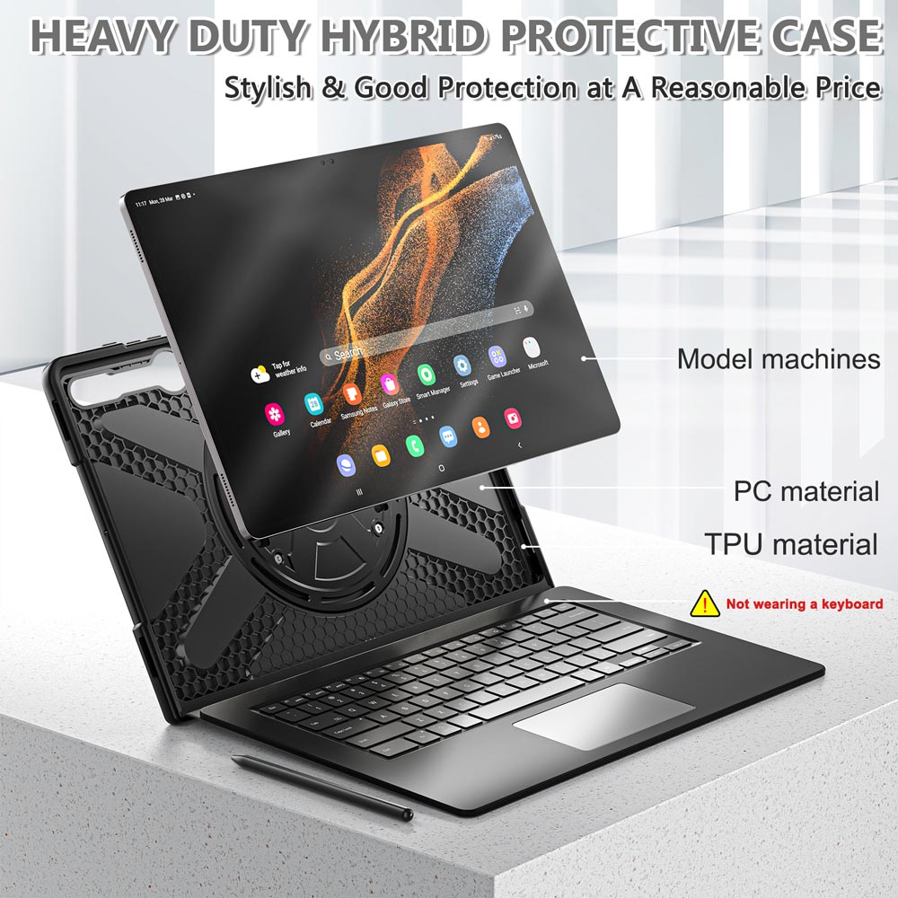 ARMOR-X Samsung Galaxy Tab S8 Ultra SM-X900 / X906 shockproof case, impact protection cover with hand strap and kick stand. Heavy duty hybrid protective case.