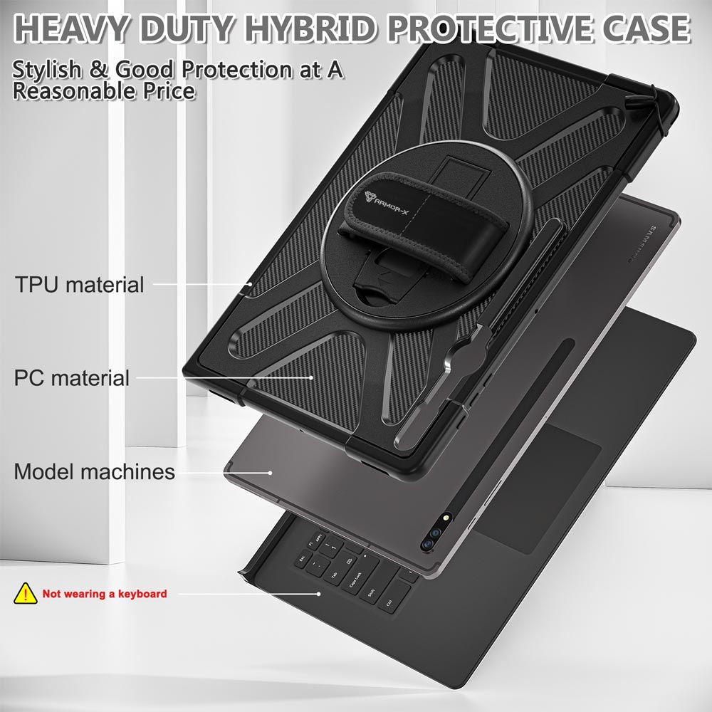 ARMOR-X Samsung Galaxy Tab S8 Ultra SM-X900 / X906 shockproof case, impact protection cover with hand strap and kick stand. Heavy duty hybrid protective case.