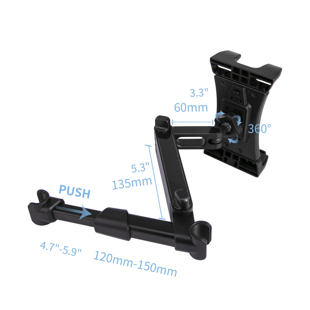 ARMOR-X Back Seat Mount for Tablet. The width between two metal posts on your headrest should be 4.7in-5.9in.