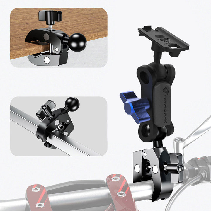 ARMOR-X Quick Release Handle Bar Mount for phone, quickly clamp to rails and bars ranging from 0.43" to 2.01" in outer diameter.