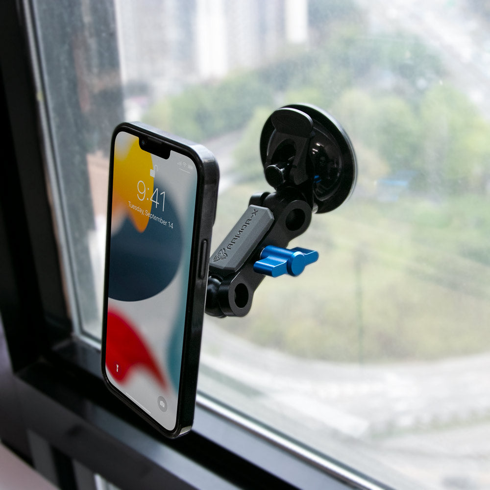 ARMOR-X Vacuum Suction Cup Mount for phone. Provides super strong hold on car windshield, window or other smooth, flat, and polished surfaces.