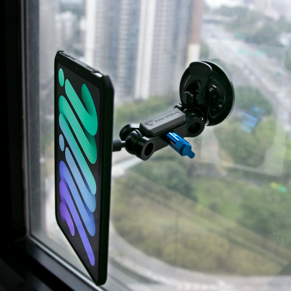ARMOR-X Vacuum Suction Cup Mount for tablet. Provides super strong hold on car windshield, window or other smooth, flat, and polished surfaces.