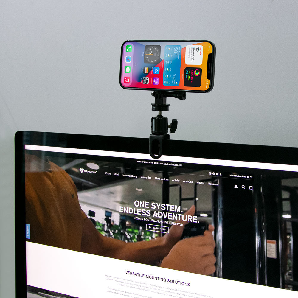 ARMOR-X U-Shaped Clamp Mount for phone. Clamping on your laptop monitor.