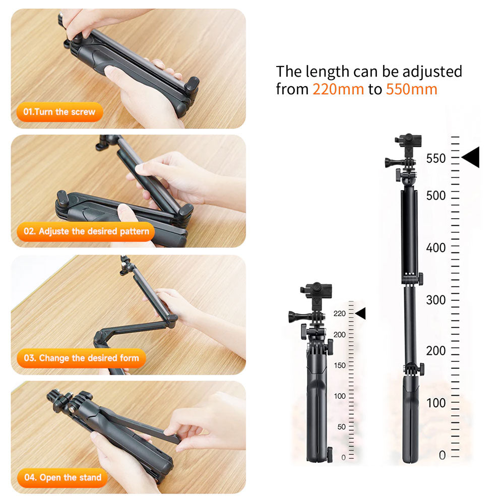 ARMOR-X Flexible Extension Selfie Tripod Mount for phone. With 3 section extension leg you can unlock this 3-way handler from 220mm (8.66") to 550mm (21.65").