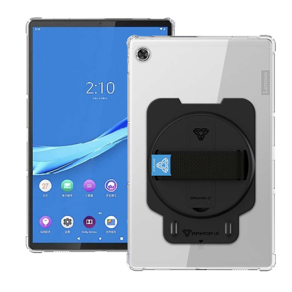 ARMOR-X Lenovo Tab M10 Plus TB-X606 shockproof case, impact protection cover with hand strap and kick stand. One-handed design for your workplace.