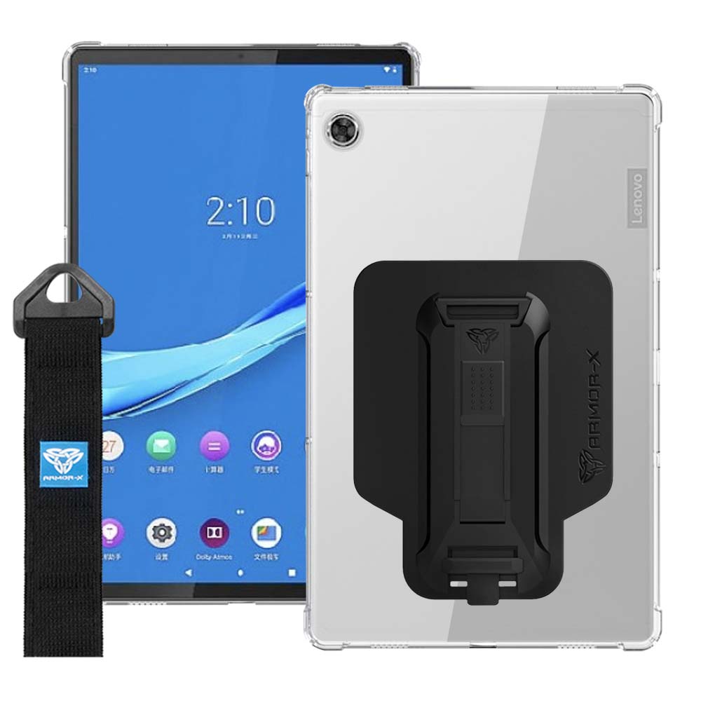 ARMOR-X Lenovo Tab M10 Plus TB-X606 shockproof case, impact protection cover with hand strap and kick stand. One-handed design for your workplace.
