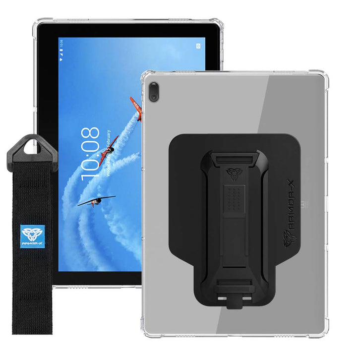 ARMOR-X Lenovo Tab E10 TB-X104 shockproof case, impact protection cover with hand strap and kick stand. One-handed design for your workplace.