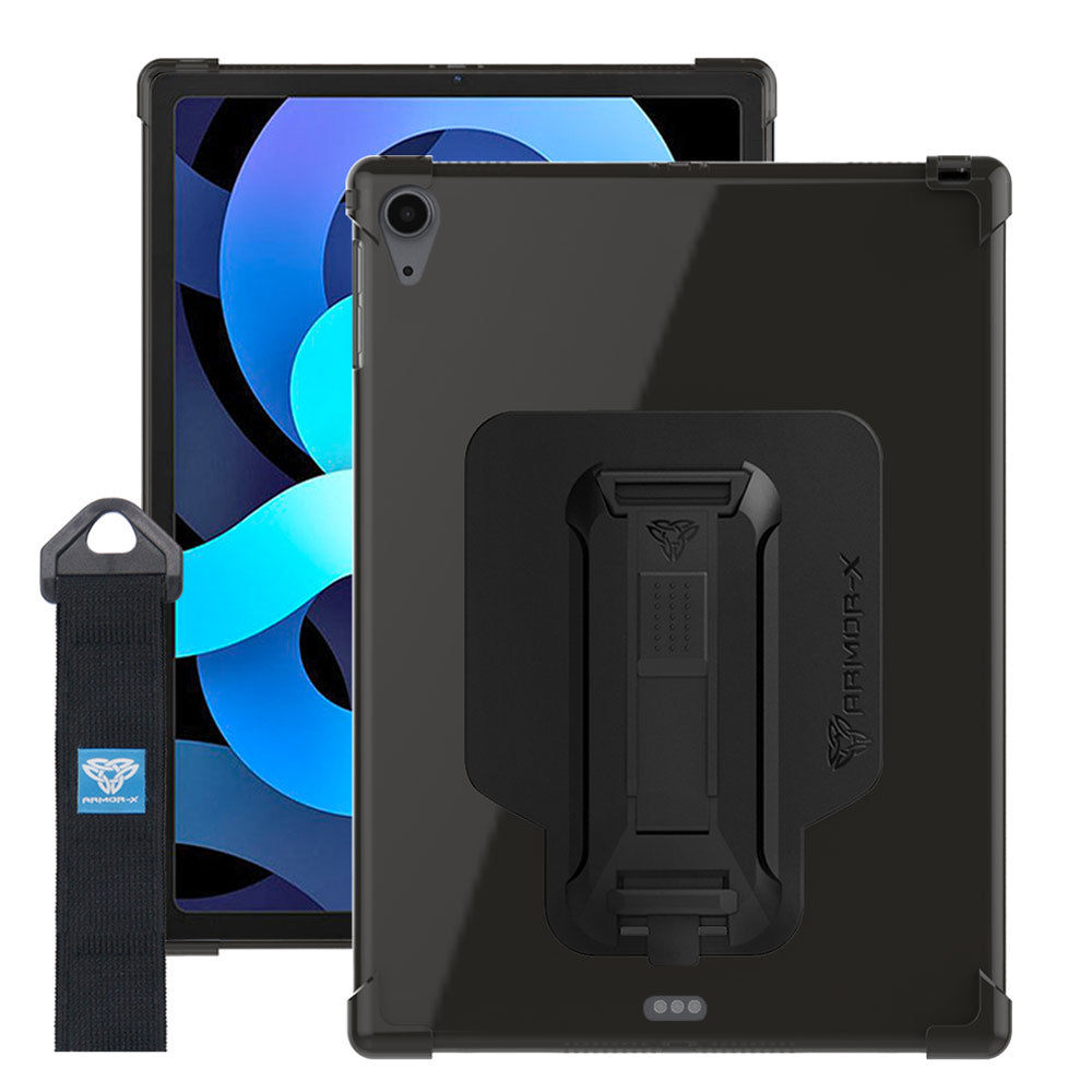 ARMOR-X Apple iPad Air 4 2020 / Air 5 2022 shockproof case, impact protection cover with hand strap and kick stand.  One-handed design for your workplace.