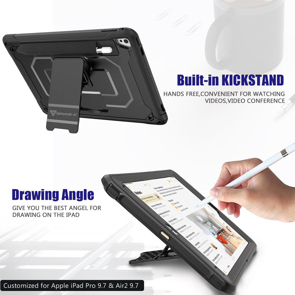 CLN-iPad-PR1 | iPad Pro 9.7 / air 2 | Dual layers shockproof rugged case with kick-stand &  Pen Holder