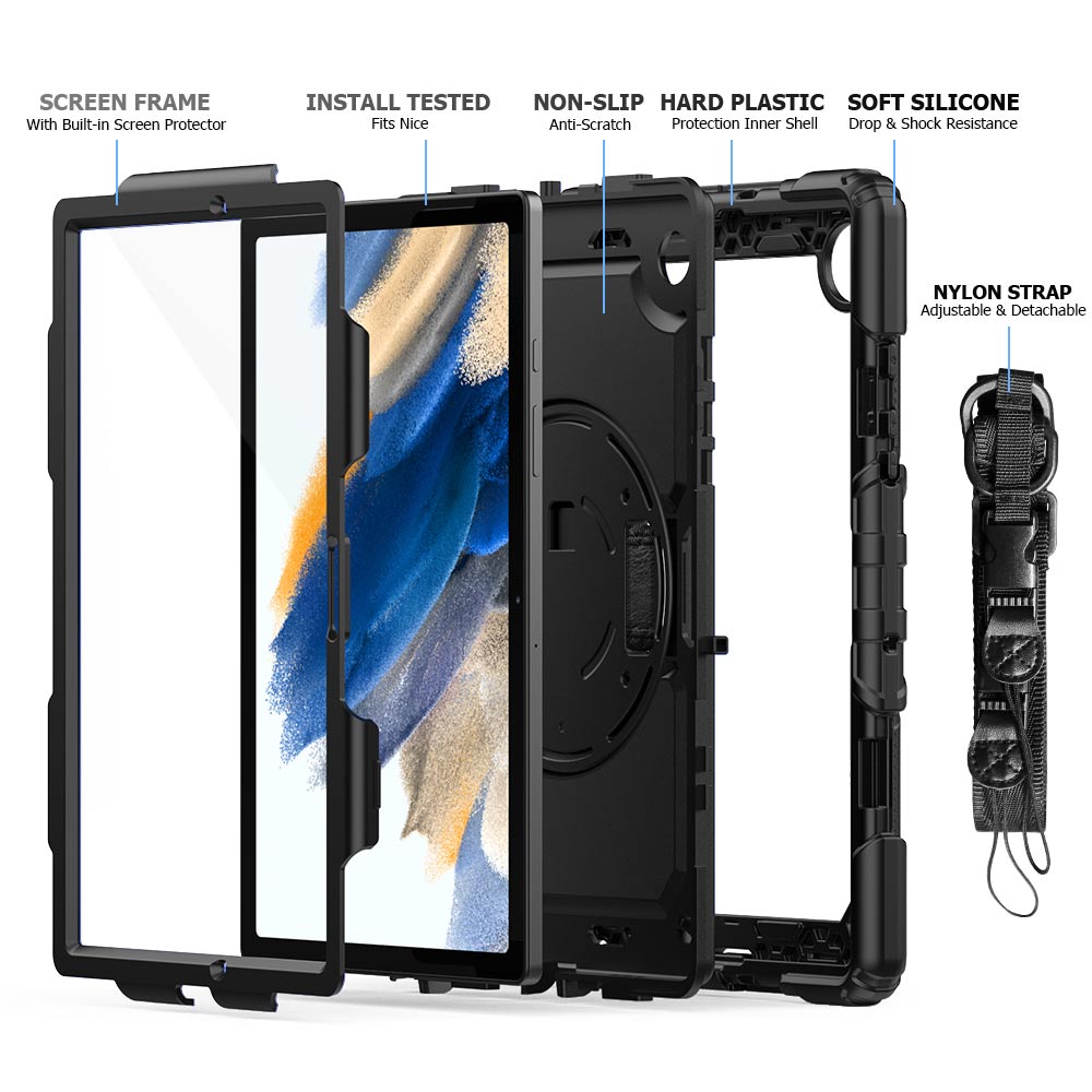 GEN-SS-X205 | Samsung Galaxy Tab A8 SM-X200 / X205 | Rainproof military grade rugged case with hand strap and kick-stand