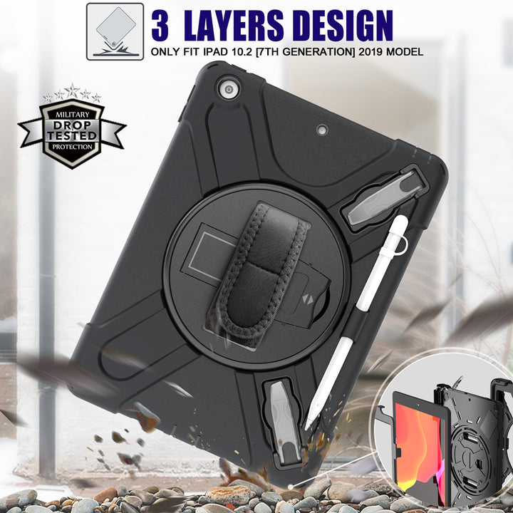 JAN-iPad-N3 | IPAD 10.2 (7TH & 8TH GEN.) 2019 / 2020 | Ultra 3 layers shockproof rugged case with hand strap and kick-stand & pen holder