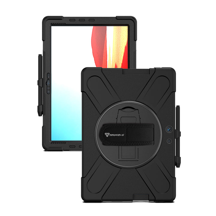 ARMOR-X Microsoft Surface Pro X shockproof case, impact protection cover with hand strap and kick stand. One-handed design for your workplace.