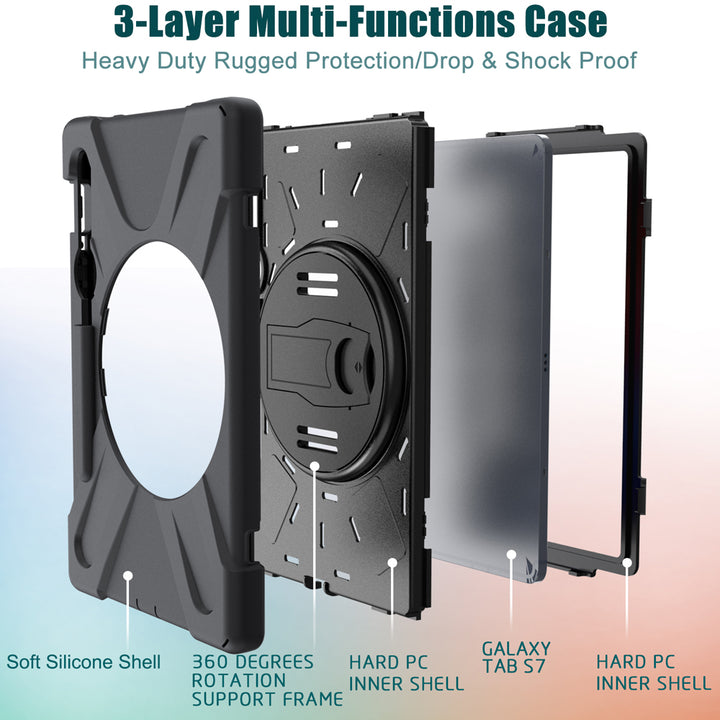 JLN-SS-S7 | Samsung Galaxy Tab S7 SM-T870 / SM-T875 / SM-T876B | Ultra 3 layers shockproof rugged case with hand strap and kick-stand