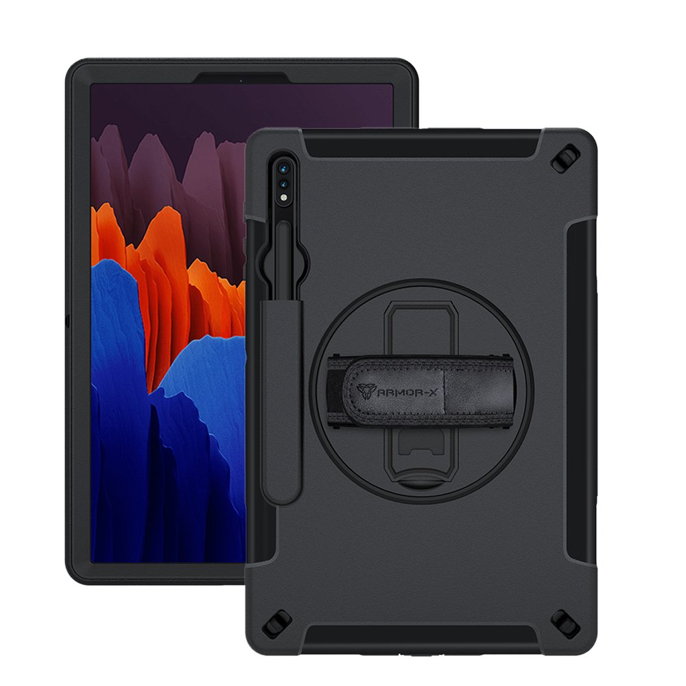 RIN-SS-S7P | Samsung Galaxy Tab S7 Plus S7+ SM-T970 / T975 / T976B | Rainproof military grade rugged case with hand strap and kick-stand