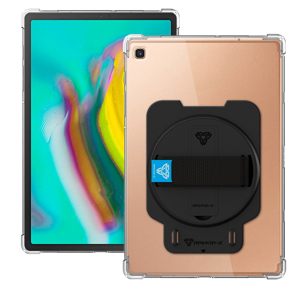 ARMOR-X Samsung Galaxy Tab S5e T720 T725 shockproof case, impact protection cover with hand strap and kick stand. One-handed design for your workplace.