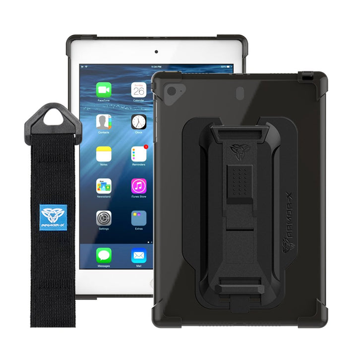 ARMOR-X iPad mini 5 / mini 4 / mini 3 / mini 2 / mini 1 shockproof case, impact protection cover with hand strap and kick stand. One-handed design for your workplace.