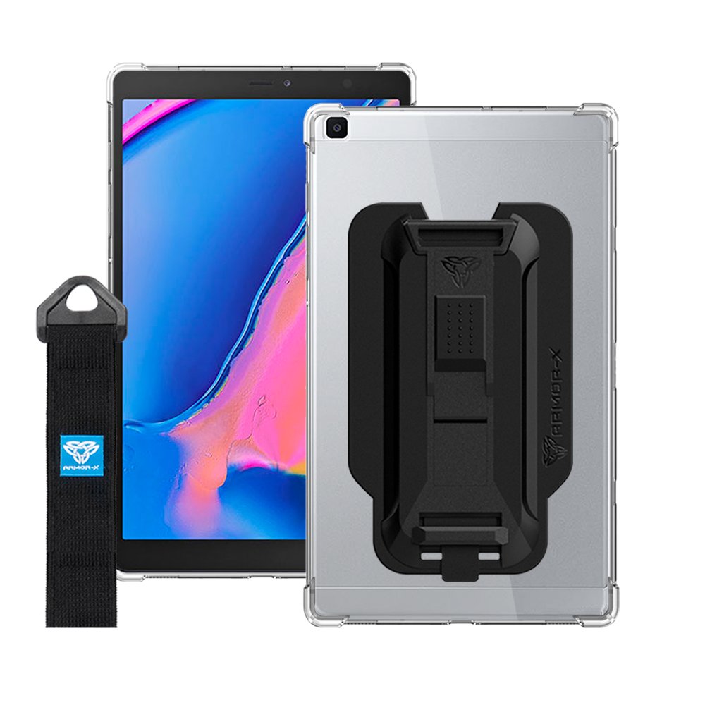 ARMOR-X Samsung Galaxy Tab A 8.0 & S Pen (2019) P200 P205 shockproof case, impact protection cover with hand strap and kick stand. One-handed design for your workplace.