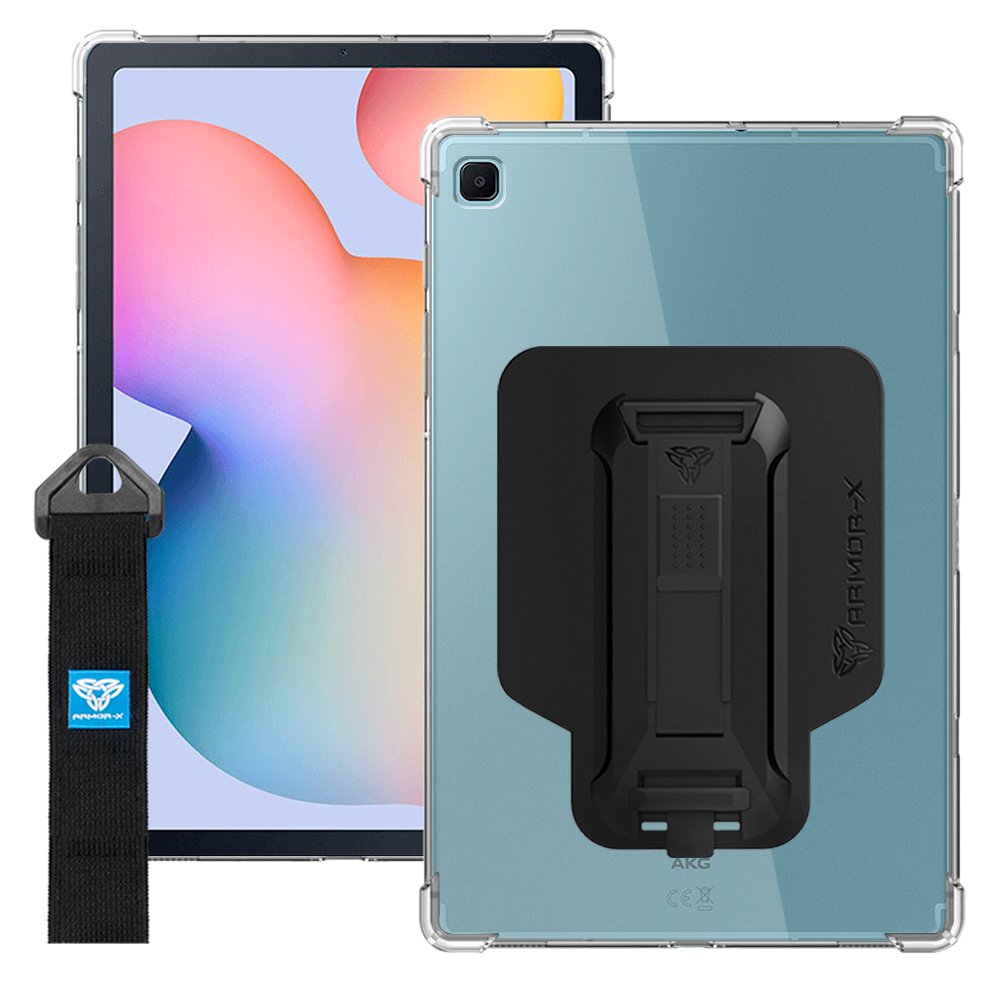 ARMOR-X Samsung Galaxy Tab S6 Lite SM-P613 P619 2022 / SM-P610 P615 2020 shockproof case, impact protection cover with hand strap and kick stand. One-handed design for your workplace.
