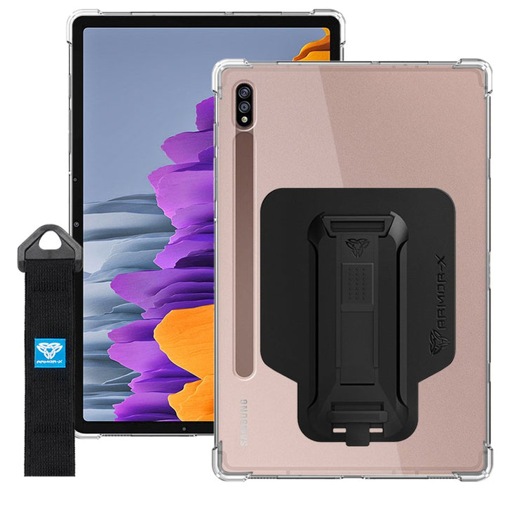 ARMOR-X Samsung Galaxy Tab S8 SM-X700 / SM-X706 shockproof case, impact protection cover with hand strap and kick stand. One-handed design for your workplace.