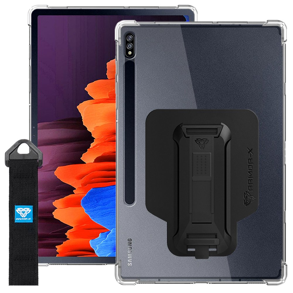 ARMOR-X Samsung Galaxy Tab S7 Plus S7+ SM-T970 / T975 / T976B shockproof case, impact protection cover with hand strap and kick stand. One-handed design for your workplace.