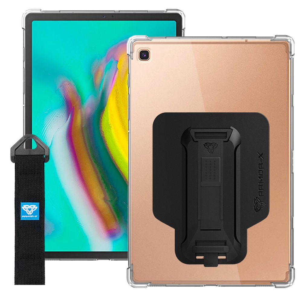 ARMOR-X Samsung Galaxy Tab S5e T720 T725 shockproof case, impact protection cover with hand strap and kick stand. One-handed design for your workplace.