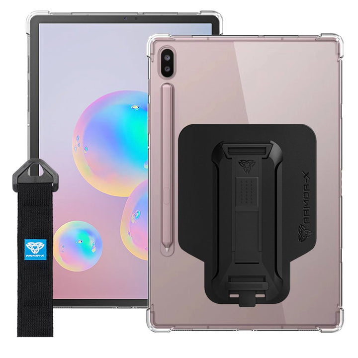 ARMOR-X Samsung Galaxy Tab S6 T860 T865 shockproof case, impact protection cover with hand strap and kick stand. One-handed design for your workplace.